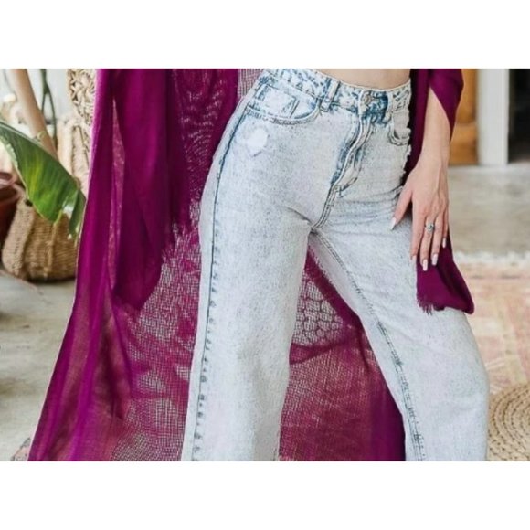 Magenta Frayed Kimono Open Grid Fabric One Size Fits Most Casual - Picture 3 of 4